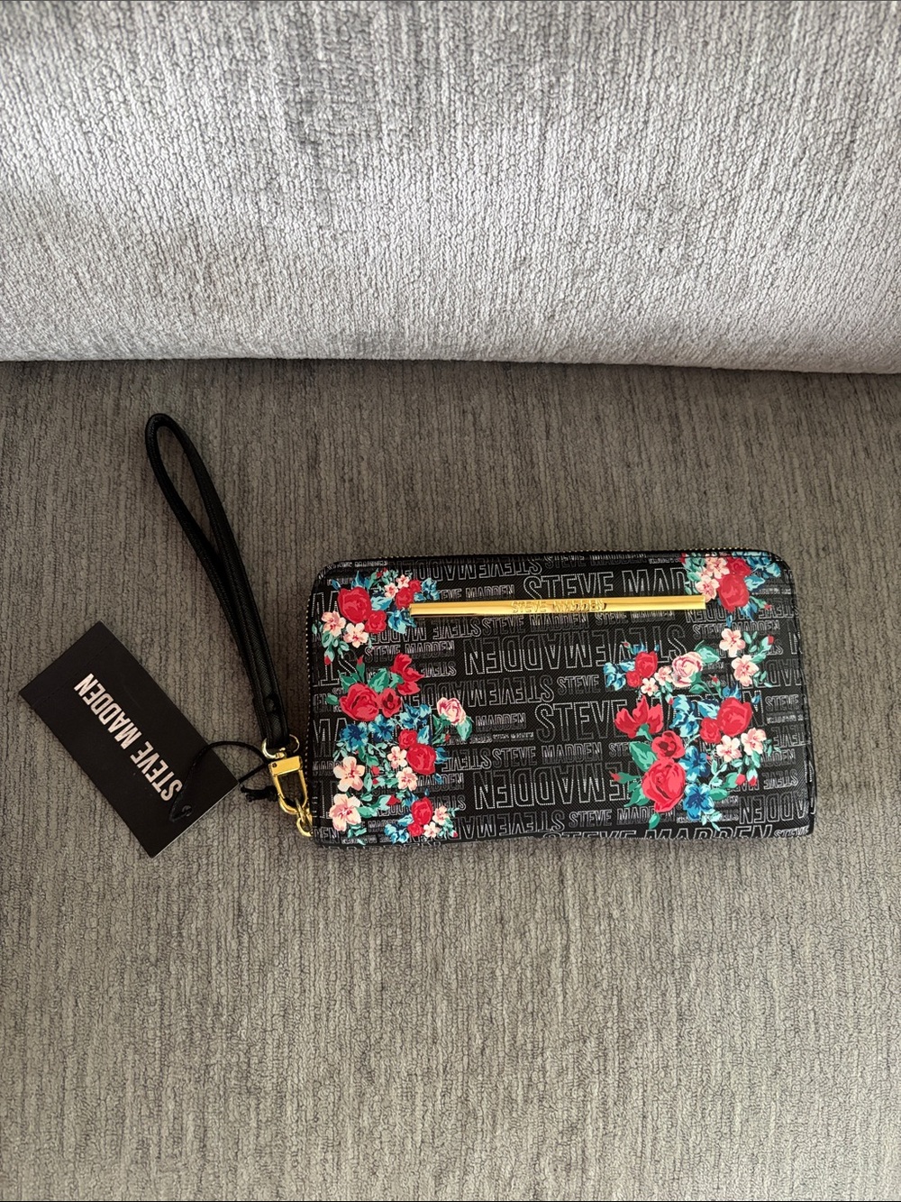 Steve Madden Black Floral Wristlet with Gold Accent
